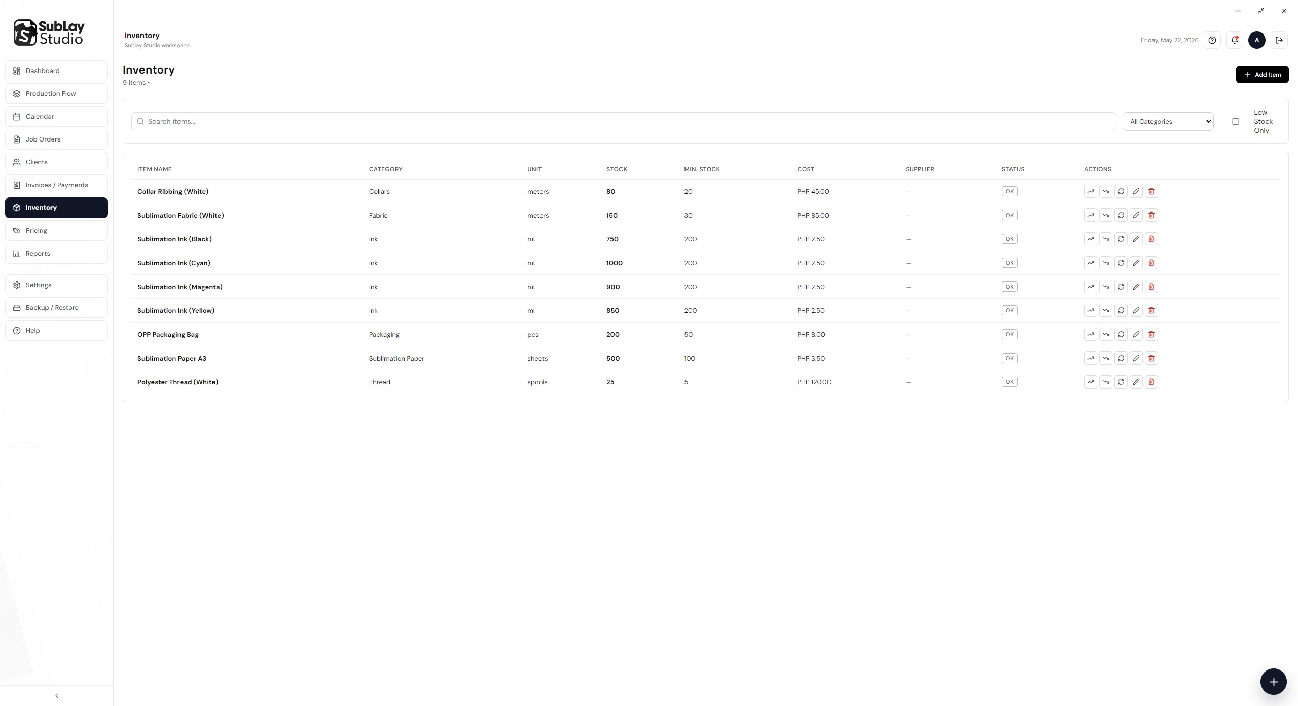 Inventory screen